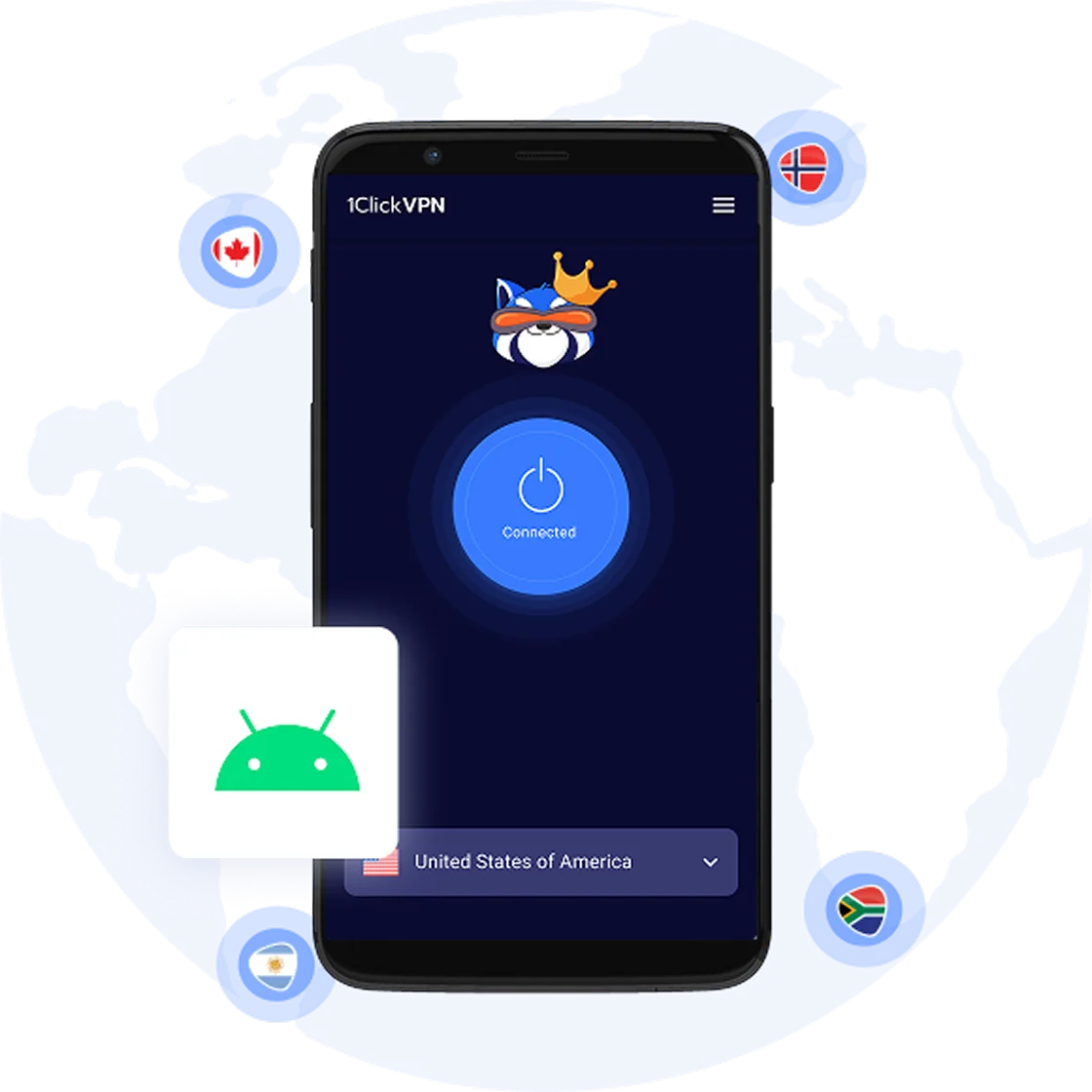 1ClickVPN app interface on Android smartphone with server connection and country flags mobile