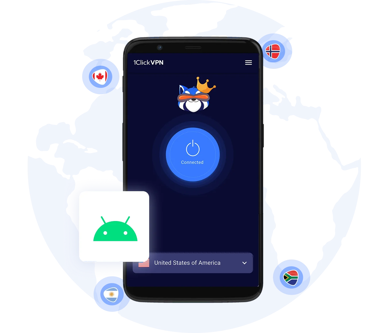 1ClickVPN app interface on Android smartphone with server connection and country flags
