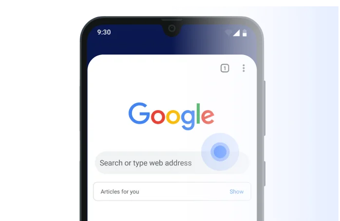 Smartphone screen showing Google search page accessed via 1ClickVPN connection