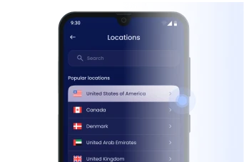 1ClickVPN app interface showing list of VPN server locations including USA, Canada, Denmark, UAE, and UK