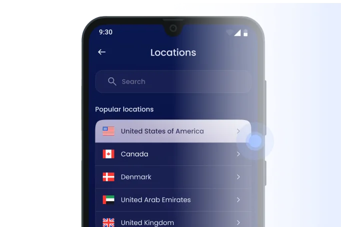 1ClickVPN app interface showing list of VPN server locations including USA, Canada, Denmark, UAE, and UK