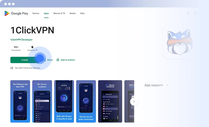 Screenshot of 1ClickVPN app on Google Play Store with install option highlighted