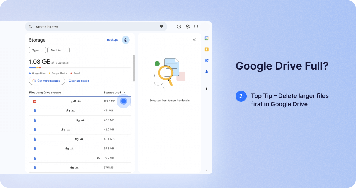 how to delete larger files first in Google Drive.