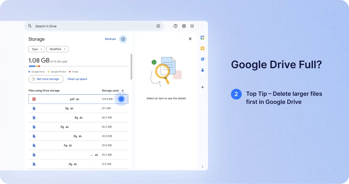 how to delete larger files first in Google Drive.