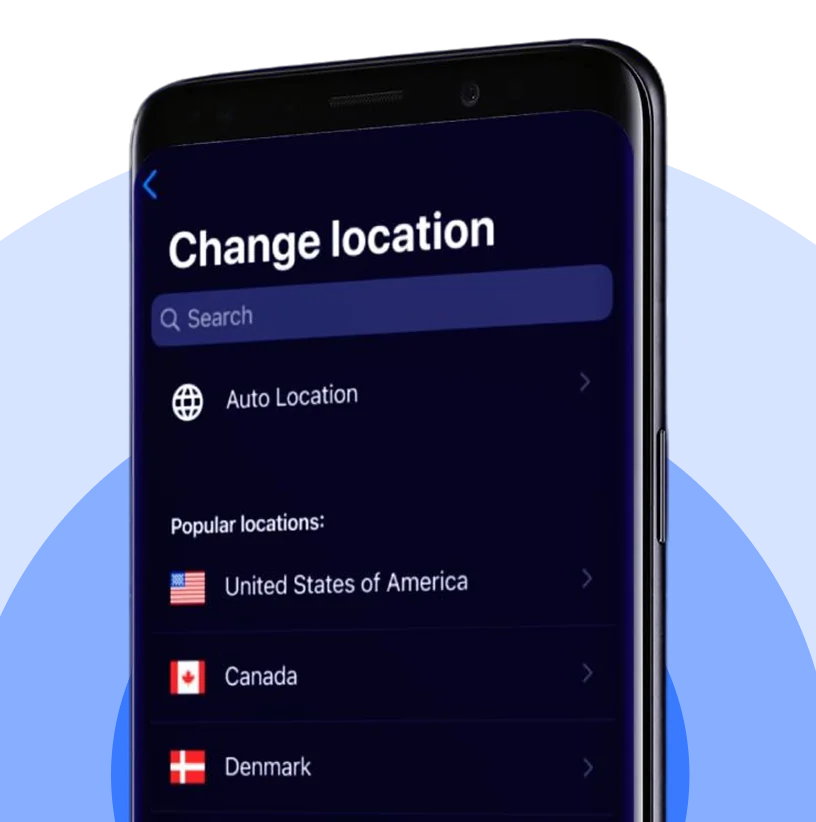 VPN mobile app screen showing location selection with auto and country options
