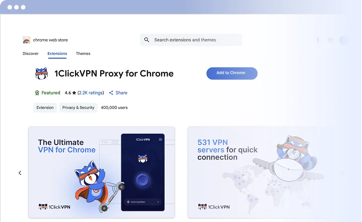 1ClickVPN Proxy for Chrome extension page with features and VPN server coverage