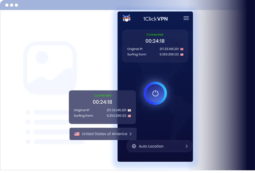 1ClickVPN app interface showing active VPN connection with masked IP address