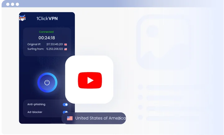 VPN interface with YouTube logo for unblocking content