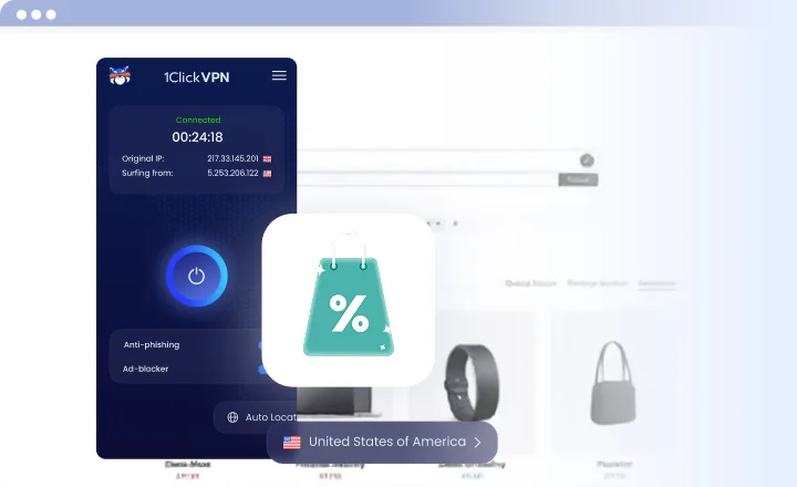 VPN interface with ecommerce shopping icons and discount symbol