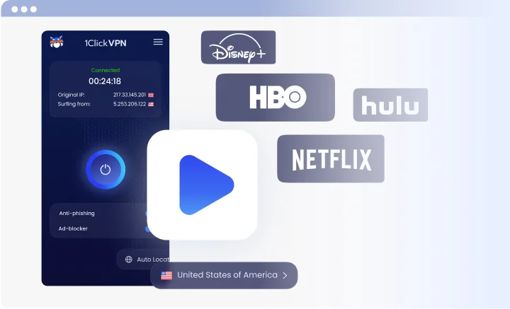 VPN interface with streaming service logos Disney, HBO, Hulu, Netflix