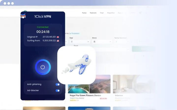 VPN interface with online shopping webpage and security key icon